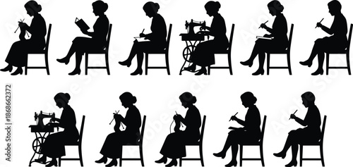 Domestic activity icon set, seated silhouettes, knitting, reading, spinning wheel, home crafts, black vector graphics, traditional theme