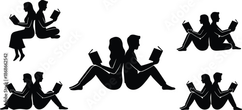 Couple reading books together silhouette set, learning, calm moments, intellectual bonding, lifestyle education concept, black white vector illustration collection