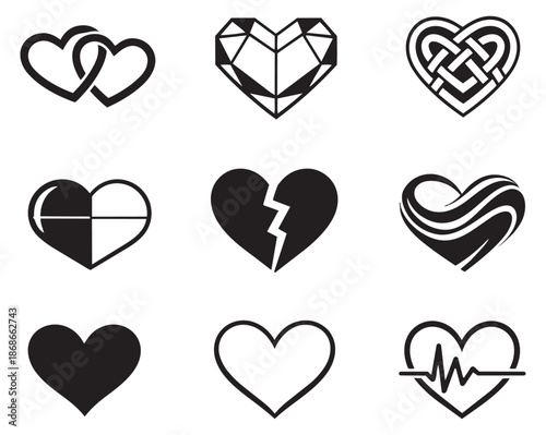 Modern graphic heart icon set featuring various symbolic designs for expressing love and emotion