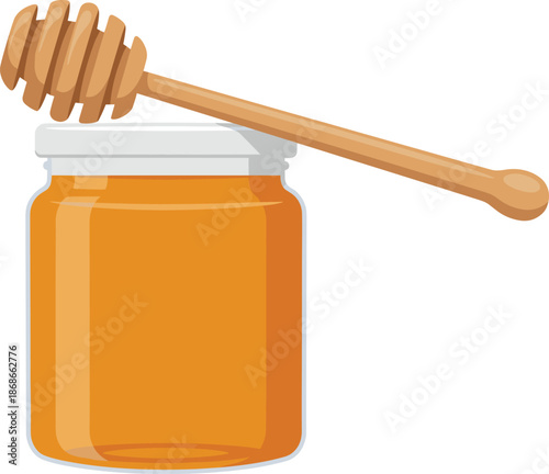 Honey jar silhouette illustration, wooden dipper tool, natural sweetness concept, kitchen decor, black outline, isolated, vector graphic