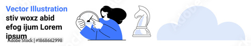 Strategic thinking, data analysis, planning, decision-making, problem-solving, organization. Person analyzing a chart next to a chess knight and cloud icon. Strategic thinking and data analysis