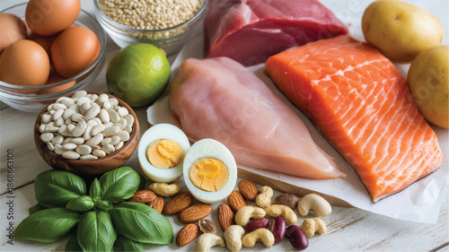 Assorted high protein foods for healthy eating and nutrition