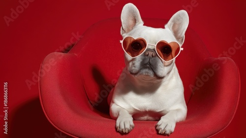 French bulldog in heart-shaped sunglasses relaxing on a red chair.