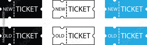New and Old Ticket Icons Set in Black White and Blue Isolated on White Background