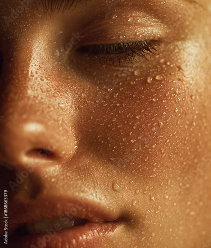 Woman's sweating skin showing water droplets, macro detail