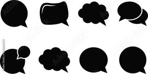 Speech bubble icon set, comic dialogue silhouettes, varied shapes, thought cloud, message symbols, black outline, isolated, vector graphic
