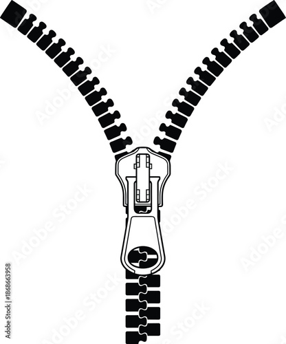 Zipper icon set, fastening device, slider mechanism, interlocking teeth, garment hardware, silhouette style, black vector graphics