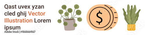 Financial growth, eco-conscious living, home decor, sustainability, investment, nature aesthetic. A potted plant, a coin with a dollar symbol and another leafy plant. Financial growth