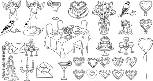 Black and white illustration of romantic wedding elements including cherubs, hearts, birds, cakes, bride, dining table, perfect for celebration design
