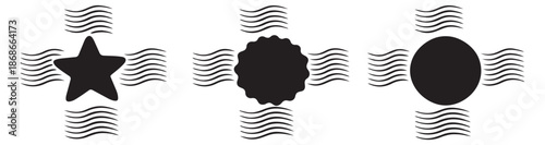 Solid graphic shapes set featuring a star, circle, and scalloped form with radiating waves for abstract design