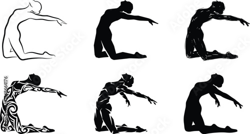 Expressive human silhouette set in kneeling poses, emotional body language, artistic movement study, abstract figures, minimal black illustration collection