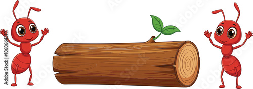 Cute ant cartoon characters carrying wooden log with green leaf, teamwork nature concept flat vector illustration