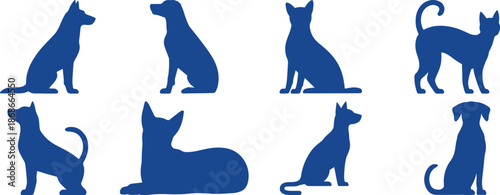 dog silhouette poses icon set domestic animal collection, dog silhouette pose icon set showing sitting, walking standing, running and resting positions in clean blue flat 