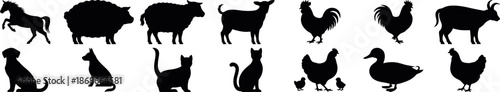 Farm animal silhouette icon set featuring cow, sheep, pig, goat and poultry figures in clean black flat vector, domestic farm animals silhouette symbols isolated, cow goat sheep chicken animal icon se