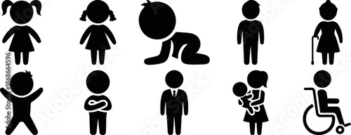 Children and family silhouette icon set including baby, kids, adults and wheelchair user figures, child development education people silhouette collection, kids growth stages silhouette icons isolated
