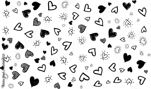 hand drawn heart seamless pattern black white background, love doodle hearts repeating texture design, romantic heart sketch pattern wallpaper