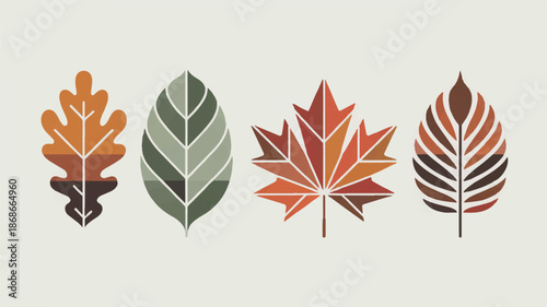 Autumn leaves in various colors on beige background