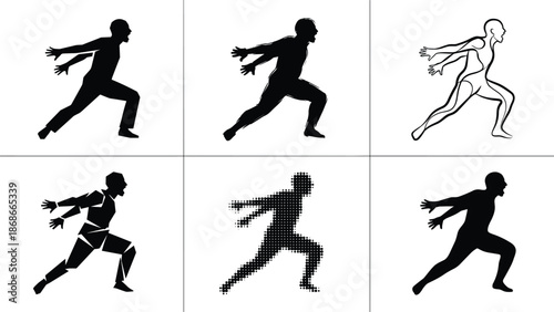 Male runner silhouette vector set in athletic sprinting pose, halftone, abstract line and geometric sports action artwork collection