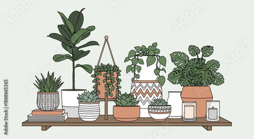 Collection of potted plants on a wooden shelf with books and candles, indoor gardening concept.