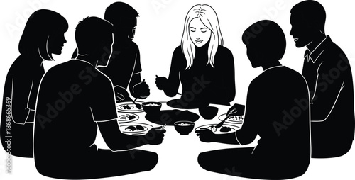 Silhouette illustration of diverse people sitting together sharing a meal, community dining, conversation, togetherness, minimalist black and white