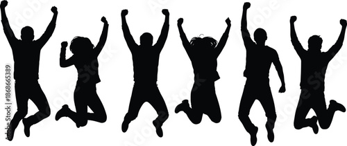 Silhouettes of joyful people jumping together in celebration, expressing success, teamwork, unity and positive energy on white background