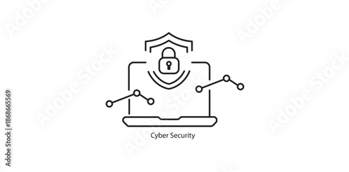Cyber security laptop with shield and padlock protection line icon
