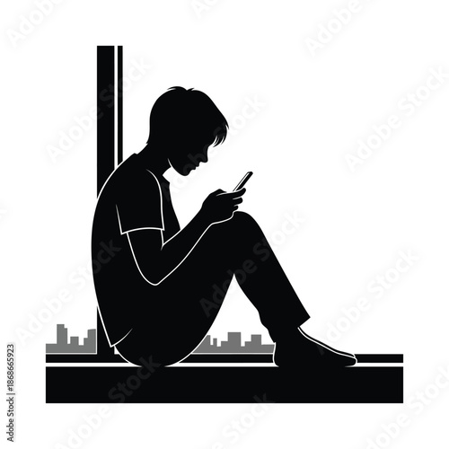 Silhouette Of A Young Person Sitting On A Window Ledge Using A Mobile Smartphone