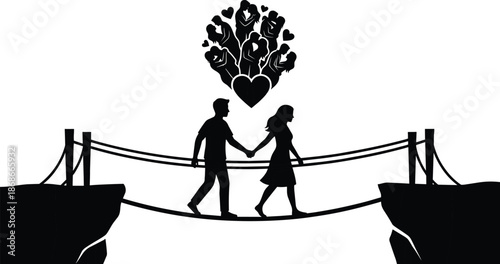 Romantic couple crossing bridge holding hands silhouette, love journey, trust, connection, heart symbol, relationship concept, black white vector illustration