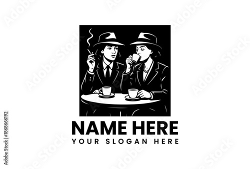 Retro monochrome illustration of two women in suits drinking coffee and smoking.