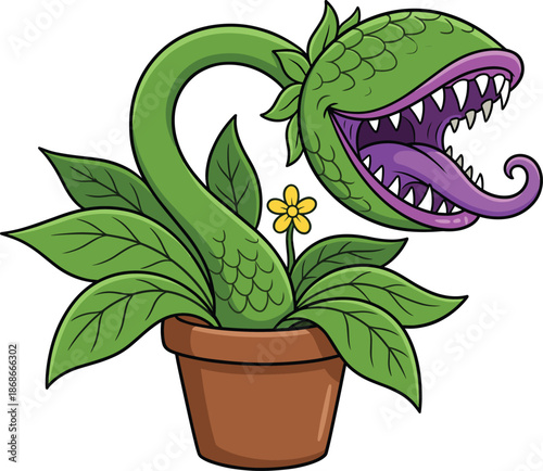 PrintCartoon carnivorous plant monster with open mouth in pot cute flat vector illustration isolated on white background design for stickers