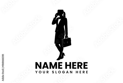 Silhouette of a Businesswoman on Phone with Briefcase Logo Design.