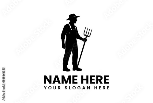 Silhouette of a Farmer with Pitchfork Ready for Work Logo Design.