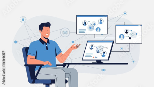 Man at desk with connected network diagrams on screens - business concept illustration.