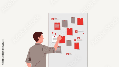 Man attaching notes to a bulletin board, planning and strategy concept, minimalist illustration