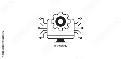 Technology monitor with a gear and circuit connections line icon