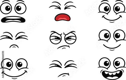 Cartoon facial expressions eyes and mouths set funny emotive doodle faces collection isolated vector icons for animation design projects branding