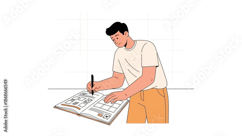 Man Drawing Storyboard for Animation or Comic, Planning Sequence