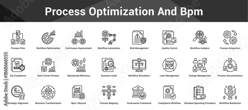 Process Optimization And Bpm Cohesive set of minimalist vector icons representing key ideas with visual clarity