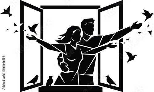Romantic couple opening window together silhouette, freedom, hope, new beginnings, love connection, emotional release concept, black white vector illustration