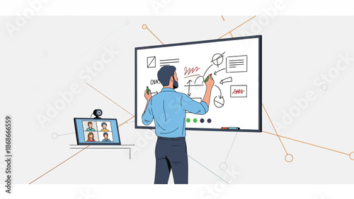 Man draws flowchart on whiteboard during video conference call, remote learning concept