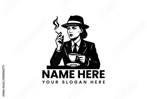 Sophisticated Woman in Fedora Smoking Sipping Coffee Logo Design.