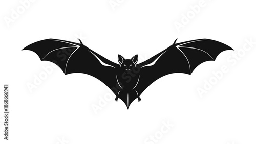 Black bat silhouette flying with outstretched wings on , minimalist flat design symbol isolated on white background