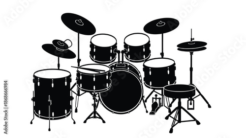 Black silhouette of a full drum set with cymbals on a isolated on white background