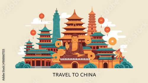 Chinese Pagoda Temple Vector Illustration.