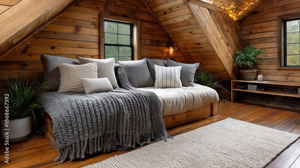 Fototapeta premium Cozy Seamless Interior Cozy Rustic Attic Living Space with Natural Wood and Soft Textiles