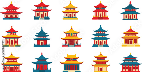 Collection of colorful Chinese style temple icons.
