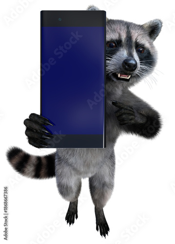 Grinning raccoon stands on its hind legs and shows us his smartphone with a blue copy space screen. 3d rendering on transparent background, no AI used