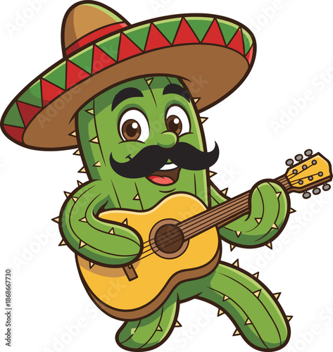 Cute cartoon cactus mariachi playing guitar with sombrero mustache colorful mexican music mascot isolated white background vector illustration design character
