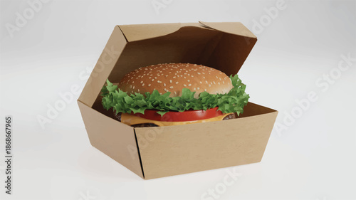 cheeseburger in cardboard takeout box on white background