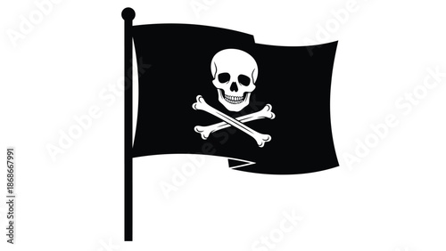 Black pirate flag with white skull and crossbones symbol flat illustration isolated on white background